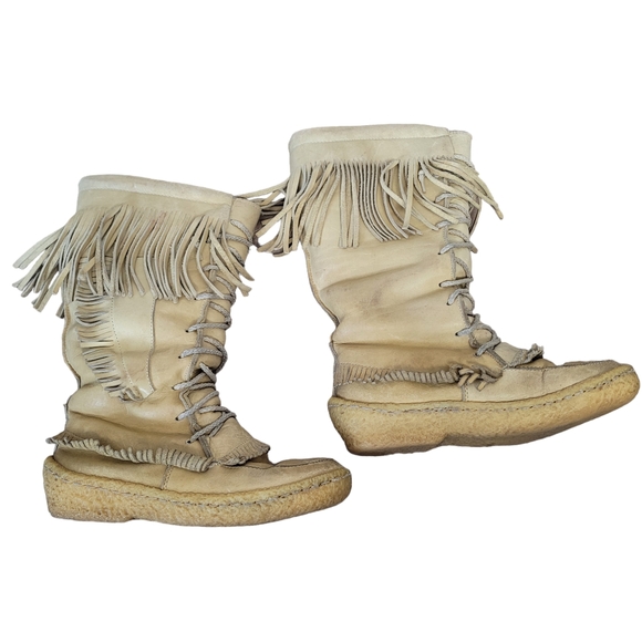 Vintage Cherokee beige gum sole mocassins winter leather boots with fringe Sz 8 - Picture 3 of 14